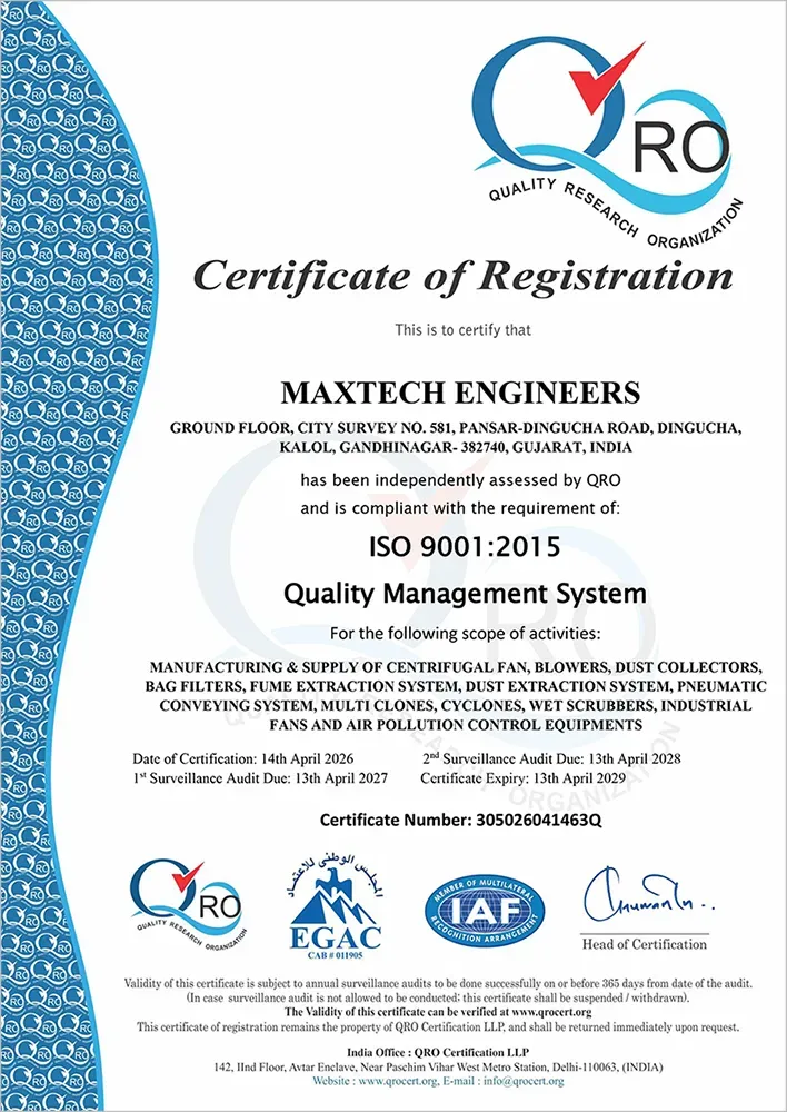 ISO 9001:2015 Certificate of Registration issued to Maxtech Engineers by QRO